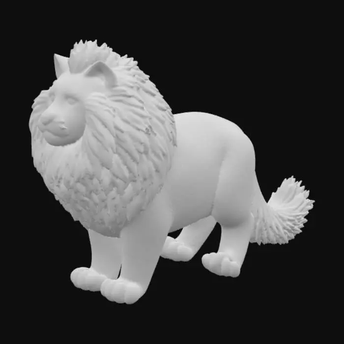 3D model for A hyper-realistic, colossal Maine Coon cat with an immense, shaggy coat of dense, multi-tonal fur, exhibiting individual strands and realistic subsurface scattering. Its broad, powerful head features prominent ear tufts and a majestic ruff around its neck. Large, intelligent eyes gleam with subtle depth, and its nose leather has a soft, moist texture. Its massive, bushy tail and oversized, tufted paws are incredibly detailed, showcasing the immense, fluffy volume of its fur.