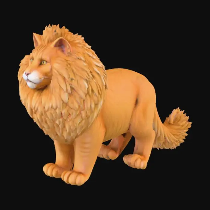 3D model for A hyper-realistic, colossal Maine Coon cat with an immense, shaggy coat of dense, multi-tonal fur, exhibiting individual strands and realistic subsurface scattering. Its broad, powerful head features prominent ear tufts and a majestic ruff around its neck. Large, intelligent eyes gleam with subtle depth, and its nose leather has a soft, moist texture. Its massive, bushy tail and oversized, tufted paws are incredibly detailed, showcasing the immense, fluffy volume of its fur.