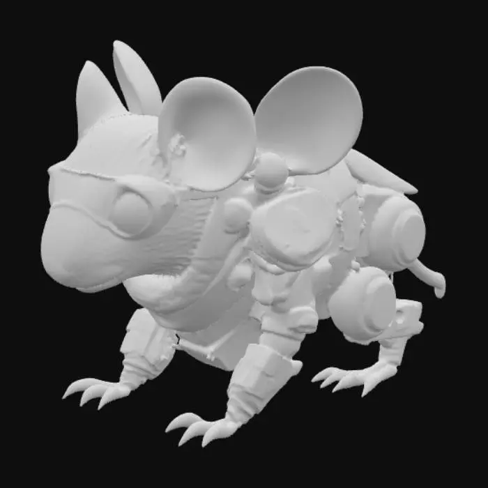 3D model for A Biker Mouse from Mars, half organic and half machine, rendered with geometrically sound, uniquely clean, and crisp detail. One side reveals short, sleek brown fur and an expressive, determined mouse face, while the other is composed of polished chrome, brushed steel panels, and exposed, glowing blue circuitry. Its leather biker gear seamlessly merges with segmented, articulated robotic plating. Its mechanical eye gleams with a sharp, digital light, and its prehensile tail is either organic or a flexible, segmented cable.