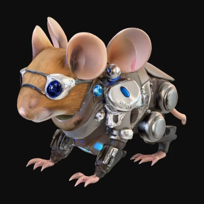 3D model for A Biker Mouse from Mars, half organic and half machine, rendered with geometrically sound, uniquely clean, and crisp detail. One side reveals short, sleek brown fur and an expressive, determined mouse face, while the other is composed of polished chrome, brushed steel panels, and exposed, glowing blue circuitry. Its leather biker gear seamlessly merges with segmented, articulated robotic plating. Its mechanical eye gleams with a sharp, digital light, and its prehensile tail is either organic or a flexible, segmented cable.