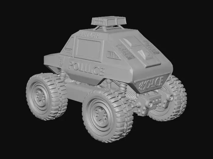 3D model for Create a compact ground robot inspired by a small hexagonal rescue rover silhouette. Hard-surface sci-fi design with a police patrol car shell: blue/white paint, “POLICIA” decals, badge emblem, roof lightbar, front grille and bumper details. Add two side-mounted motors (one on each flank) as visible cylindrical drive modules with brackets and vents. Replace traditional antennas with two toggle-switch interrupters on top (metal levers, labeled ON/OFF). Include small wheels/tracks underneath, panel lines, screws, and rugged edges. Single object, centered, no base. PBR metal/plastic, clean topology, watertight.