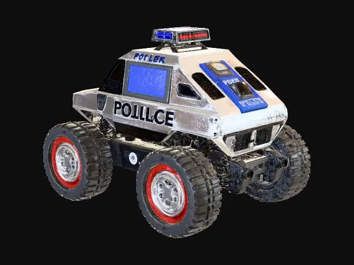 3D model for Create a compact ground robot inspired by a small hexagonal rescue rover silhouette. Hard-surface sci-fi design with a police patrol car shell: blue/white paint, “POLICIA” decals, badge emblem, roof lightbar, front grille and bumper details. Add two side-mounted motors (one on each flank) as visible cylindrical drive modules with brackets and vents. Replace traditional antennas with two toggle-switch interrupters on top (metal levers, labeled ON/OFF). Include small wheels/tracks underneath, panel lines, screws, and rugged edges. Single object, centered, no base. PBR metal/plastic, clean topology, watertight.