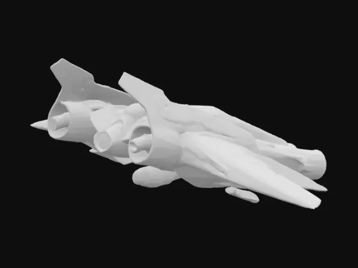 3D model for A futuristic spacecraft with a sleek, angular design, featuring a primary color scheme of matte white and light gray. It has sharp, swept-back main wings and smaller vertical fins, all accented with bright orange panels that also highlight its upper fuselage. The surface appears to be a smooth, durable metal or composite, with subtle panel lines suggesting intricate construction. Twin rear engine nozzles emit a strong, warm orange glow, indicating propulsion from within the geometric exhaust ports.