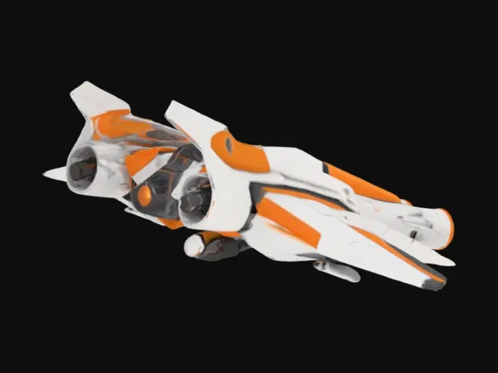 3D model for A futuristic spacecraft with a sleek, angular design, featuring a primary color scheme of matte white and light gray. It has sharp, swept-back main wings and smaller vertical fins, all accented with bright orange panels that also highlight its upper fuselage. The surface appears to be a smooth, durable metal or composite, with subtle panel lines suggesting intricate construction. Twin rear engine nozzles emit a strong, warm orange glow, indicating propulsion from within the geometric exhaust ports.