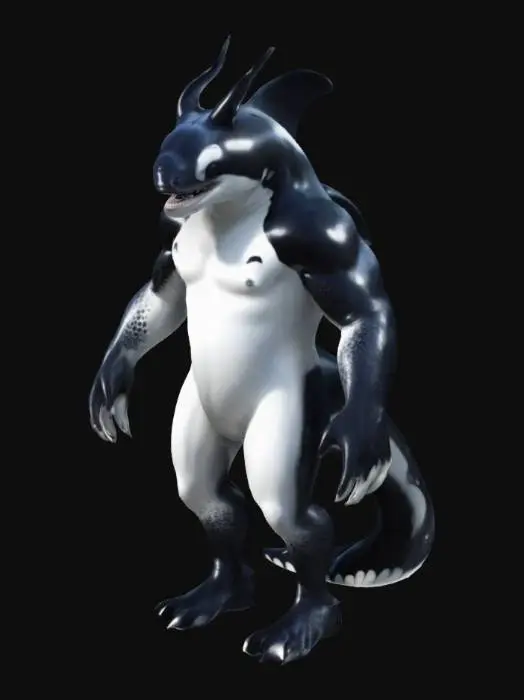 3D model for an anthropomorphic orca-scalie hybrid with a muscular build. The character should have glossy black and white latex-like scales with draconic patterns on the arms and thighs. The design includes a sleek white rubber underbelly, a countershaded face with sharp teeth and an orca-like shape, backward-pointing horns, and a long, smooth, rubber-textured draconic tail. Focus on high detail, smooth surfaces, and realistic gloss transitions, maintaining a humanoid style.