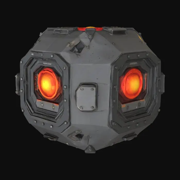 3D model for A heavily armored deployment module, compact and robust with a rugged, angular shell of dark, scuffed alloys. Its exterior is a matte charcoal gray, featuring reinforced panels and visible impact scoring. A central, clear viewport of hardened, translucent material reveals a vibrant, pulsating amber orb suspended within, casting an inviting, warm glow that illuminates faint internal mechanisms. The surface feels rough and unyielding, built for high-impact delivery.