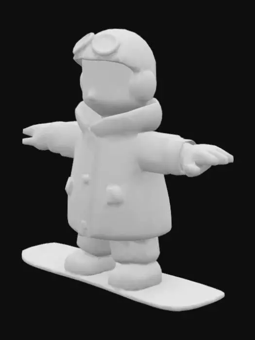3D model for Create a full-body 3D snowboarder in a clean T-pose, standing upright on a detailed snowboard with boots clipped into bindings. The character should match the Subway Surfers art style — round face, big eyes, smooth cartoon proportions, and vibrant colors. Outfit includes a puffy snowboard jacket, snow pants, gloves, helmet, and shiny snow goggles. Use bold colors (e.g., blue, red, or neon mix). The snowboard has a fun design with decals. Use clean toon shading. No background