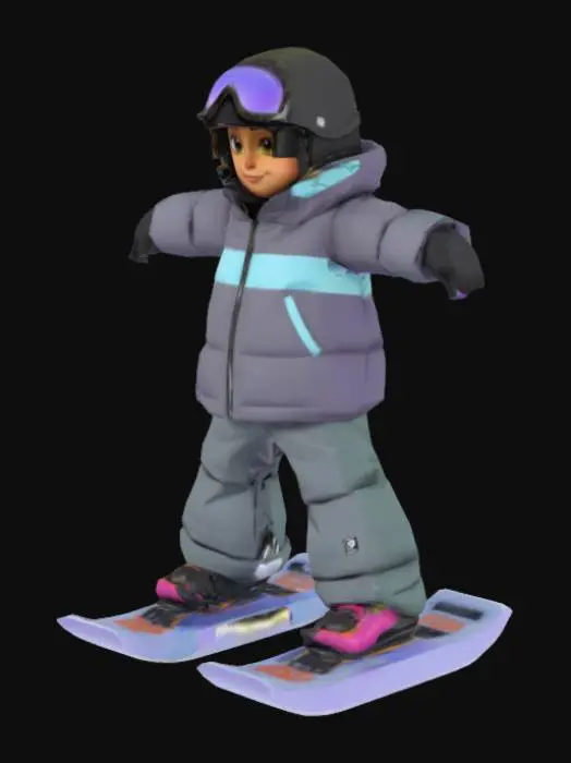 3D model for Create a full-body 3D snowboarder in a clean T-pose, standing upright on a detailed snowboard with boots clipped into bindings. The character should match the Subway Surfers art style — round face, big eyes, smooth cartoon proportions, and vibrant colors. Outfit includes a puffy snowboard jacket, snow pants, gloves, helmet, and shiny snow goggles. Use bold colors (e.g., blue, red, or neon mix). The snowboard has a fun design with decals. Use clean toon shading. No background