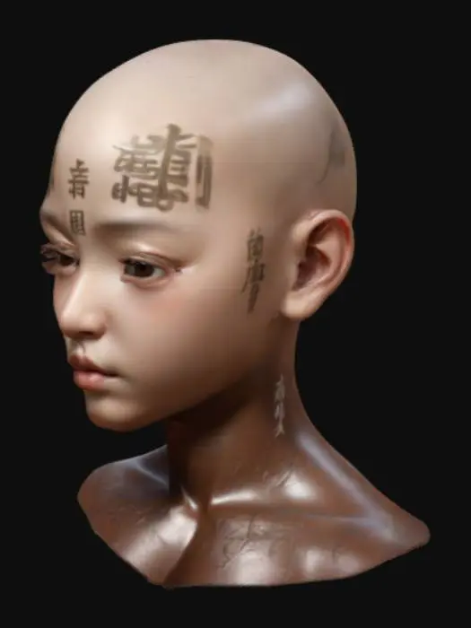 3D model for Stylized Ultra Macro detailed adorable youthful face of the god of compassion, Fem-boy, extremely detailed Silver eyes, Beautiful glossy chocolate Brown skin colour, Beautiful marking going down the side of his face in Chinese writing, Bald,   