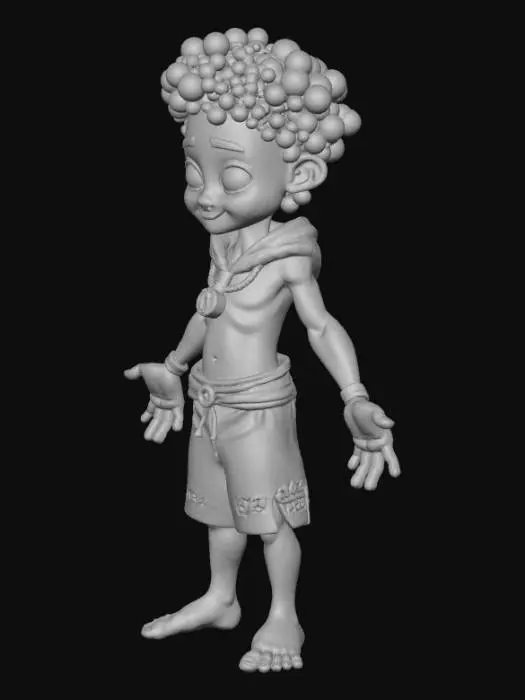 3D model for Stylized low-poly African young adventurer character, warm color palette. 
Small body proportions with slightly larger head. Soft, kind facial expression with wide expressive eyes.
Short braided or tightly curled natural hair. Wearing a simple sleeveless tunic with light geometric patterns inspired by West African textile motifs (Kente-inspired but simplified, not hyper-detailed). 
Wearing rope sandals made of twisted fiber. A small travel belt pouch on the side. 
Materials should be simple, hand-painted style with soft shadows, no photorealistic textures. 
Overall silhouette should be readable and friendly. 
Poly count medium (6K–12K) for PC performance. 
Clean topology, even quad distribution. 
Neutral T-pose or A-pose with relaxed arms.