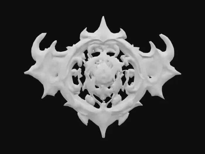 3D model for A dark, chaotic emblem forged from black and deep purple metal, infused with swirling arcane energy. The emblem features jagged, asymmetrical shapes, chaotic runes, and a glowing purple core or eye at the center. Edges are twisted and spiked, with faint smoke and crackling purple lightning emanating from the emblem. Texture is rugged, arcane-forged obsidian with ethereal purple glow lines. Style is dark fantasy, voidborn chaos, with a floating or hovering appearance against a stormy or void background.