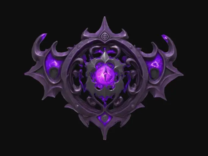 3D model for A dark, chaotic emblem forged from black and deep purple metal, infused with swirling arcane energy. The emblem features jagged, asymmetrical shapes, chaotic runes, and a glowing purple core or eye at the center. Edges are twisted and spiked, with faint smoke and crackling purple lightning emanating from the emblem. Texture is rugged, arcane-forged obsidian with ethereal purple glow lines. Style is dark fantasy, voidborn chaos, with a floating or hovering appearance against a stormy or void background.