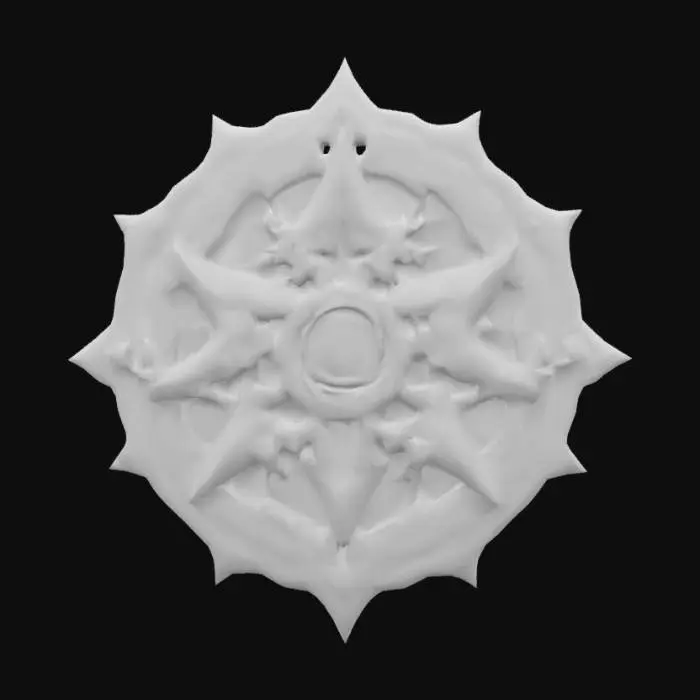 3D model for A dark, chaotic emblem forged from black and deep purple metal, infused with swirling arcane energy. The emblem features jagged, asymmetrical shapes, chaotic runes, and a glowing purple core or eye at the center. Edges are twisted and spiked, with faint smoke and crackling purple lightning emanating from the emblem. Texture is rugged, arcane-forged obsidian with ethereal purple glow lines. Style is dark fantasy, voidborn chaos, with a floating or hovering appearance against a stormy or void background.