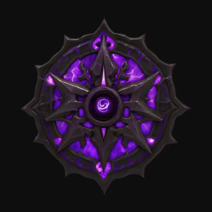 3D model for A dark, chaotic emblem forged from black and deep purple metal, infused with swirling arcane energy. The emblem features jagged, asymmetrical shapes, chaotic runes, and a glowing purple core or eye at the center. Edges are twisted and spiked, with faint smoke and crackling purple lightning emanating from the emblem. Texture is rugged, arcane-forged obsidian with ethereal purple glow lines. Style is dark fantasy, voidborn chaos, with a floating or hovering appearance against a stormy or void background.
