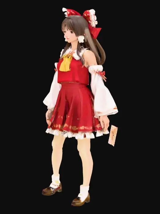 3D model for The object features a character with long straight hair and an outfit with red and white colors, ruffled and geometric patterns, and a smooth texture., Touhou Project, Hakurei reimu, 20 years old,