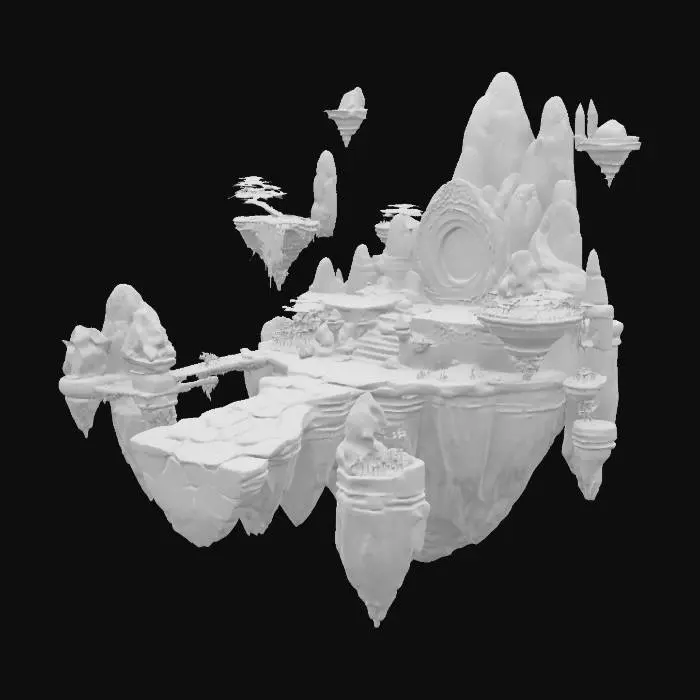 3D model for Quiero una isla flotante mágica que funcione como lobby. Debe tener un camino de piedra antigua, parcialmente roto, que lleva a un gran portal brillante al final. Alrededor, varias islas flotantes más pequeñas a distintas alturas, algunas conectadas por puentes rotos o fragmentos flotantes. Que haya rocas suspendidas, vegetación luminosa, cristales mágicos y ruinas antiguas. Todo debe sentirse como un mundo flotante lleno de magia y misterio.