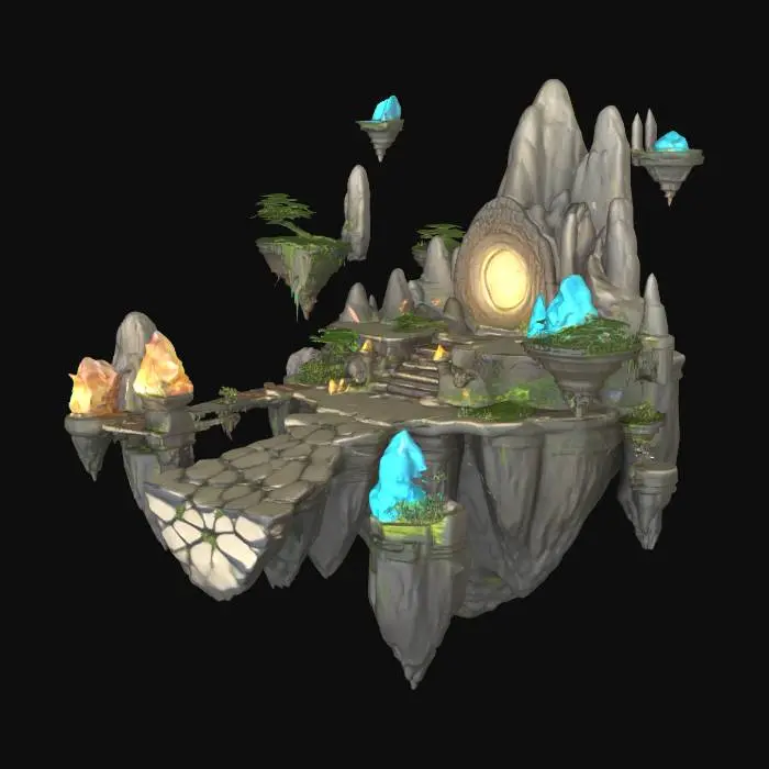 3D model for Quiero una isla flotante mágica que funcione como lobby. Debe tener un camino de piedra antigua, parcialmente roto, que lleva a un gran portal brillante al final. Alrededor, varias islas flotantes más pequeñas a distintas alturas, algunas conectadas por puentes rotos o fragmentos flotantes. Que haya rocas suspendidas, vegetación luminosa, cristales mágicos y ruinas antiguas. Todo debe sentirse como un mundo flotante lleno de magia y misterio.