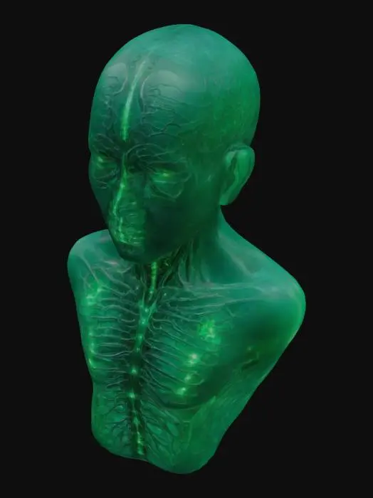 3D model for Please make for me a beautiful anatomically correct human pediatric nervous system made of glowing luminous green silicon. Highest detail possible.