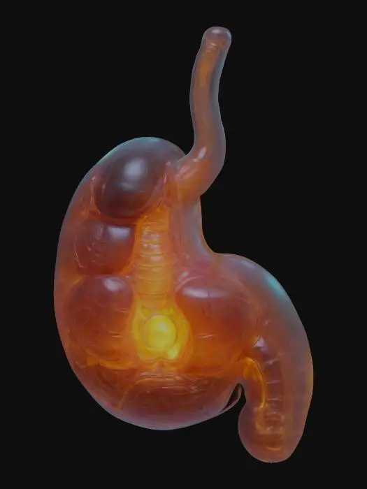 3D model for Please make for me a beautiful anatomically correct human pediatric stomach, made of glowing luminous transparent silicon. Highest detail possible.