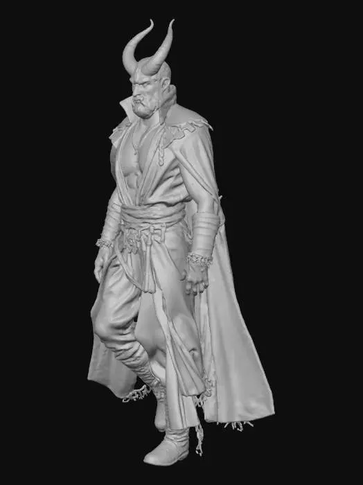 3D model for A dark fantasy floating powerful mage priest displays a muscular, thick, and fit physique, hovering with palms upturned in a gesture of ominous, arcane energy. A large, jagged obsidian or moon-crested headband, crafted from dark, cold-toned material, crowns his grim and handsome face, which radiates a chilling, sinister power. The figure is captured dynamically 'in action,' exhibiting extremely high detail and high-resolution textures across his form, shadowy vestments, and menacing accessories, all contributing to an epic, foreboding stance.