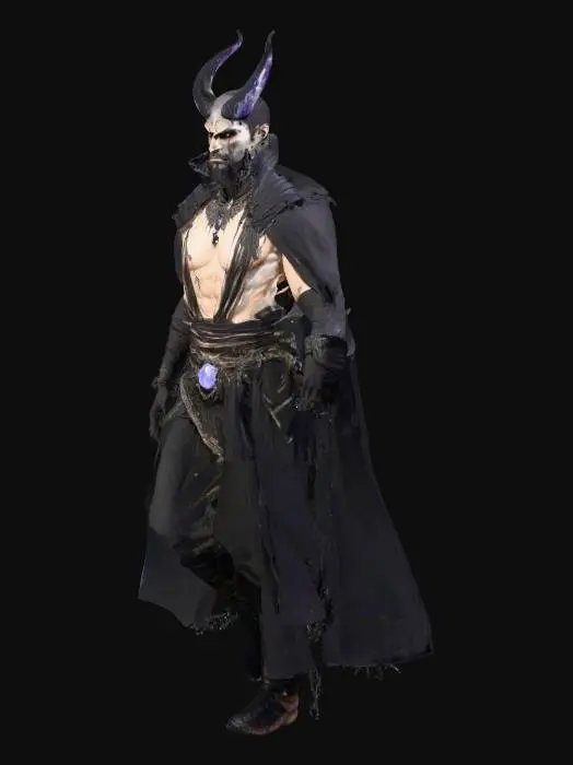 3D model for A dark fantasy floating powerful mage priest displays a muscular, thick, and fit physique, hovering with palms upturned in a gesture of ominous, arcane energy. A large, jagged obsidian or moon-crested headband, crafted from dark, cold-toned material, crowns his grim and handsome face, which radiates a chilling, sinister power. The figure is captured dynamically 'in action,' exhibiting extremely high detail and high-resolution textures across his form, shadowy vestments, and menacing accessories, all contributing to an epic, foreboding stance.