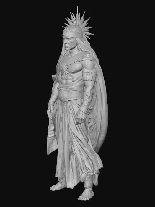 3D model for A fantasy floating powerful mage priest displays a muscular, thick, and fit physique, hovering with palms upturned in a gesture of divine energy. A large, ornate sun headband, crafted from glowing, warm-toned material, crowns his delicate and handsome face, which radiates serene power. The figure is captured dynamically 'in action,' exhibiting extremely high detail and high-resolution textures across his form, spiritual vestments, and accessories, all contributing to an epic, majestic stance.