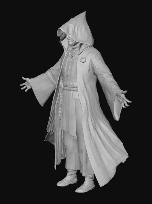 3D model for A good looking dark fantasy floating powerful mage priest displays a muscular, thick, and fit physique, hovering with palms upturned in a gesture of ominous, arcane energy. A large, moon-crested headband, crafted from dark, cold-toned material, crowns his grim and handsome face, which radiates a chilling, sinister power. The figure is captured dynamically 'in action,' exhibiting extremely high detail and high-resolution textures across his form, shadowy vestments, and menacing accessories, all contributing to an epic, foreboding stance.