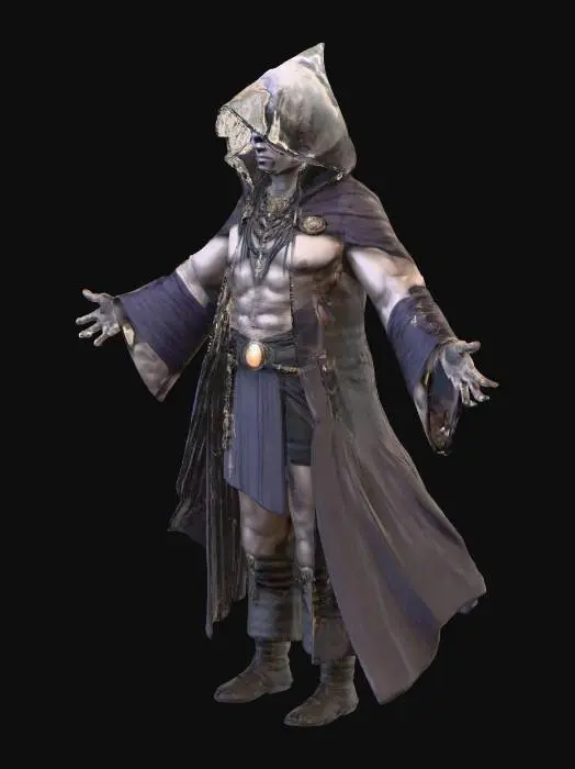 3D model for A good looking dark fantasy floating powerful mage priest displays a muscular, thick, and fit physique, hovering with palms upturned in a gesture of ominous, arcane energy. A large, moon-crested headband, crafted from dark, cold-toned material, crowns his grim and handsome face, which radiates a chilling, sinister power. The figure is captured dynamically 'in action,' exhibiting extremely high detail and high-resolution textures across his form, shadowy vestments, and menacing accessories, all contributing to an epic, foreboding stance.