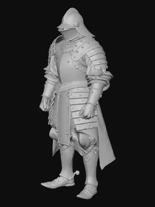 3D model for #villain#, A gorgeous Nanban carcass, a fusion of Western plate armor and Japanese style. The main body is a thick bright silver steel plate. The surface has been finely polished, as smooth as a mirror, and feels cold and hard to the touch. The edges of the chest and shoulders are inlaid with brass rivets, creating a streamlined shape. Below the waist are multiple layers of laminated grass folds, connected by dark blue ribbons. The overall shape is thick yet majestic, highlighting its extraordinary status. The entire figure is rendered with extreme detail and high-resolution textures, metallic sheen of the armor, and the fine details of his features, all captured in an epic, dynamic stance.