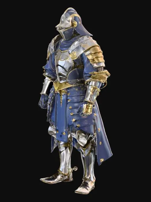 3D model for #villain#, A gorgeous Nanban carcass, a fusion of Western plate armor and Japanese style. The main body is a thick bright silver steel plate. The surface has been finely polished, as smooth as a mirror, and feels cold and hard to the touch. The edges of the chest and shoulders are inlaid with brass rivets, creating a streamlined shape. Below the waist are multiple layers of laminated grass folds, connected by dark blue ribbons. The overall shape is thick yet majestic, highlighting its extraordinary status. The entire figure is rendered with extreme detail and high-resolution textures, metallic sheen of the armor, and the fine details of his features, all captured in an epic, dynamic stance.