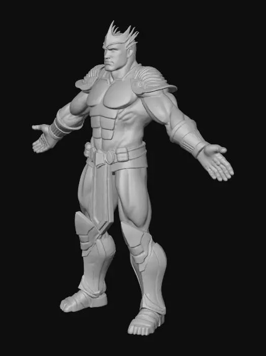 3D model for A powerfully muscular humanoid warrior displays light blue, sleek skin, intricately patterned with darker, aqua tribal tattoos. He wears elaborate, gleaming gold and vibrant turquoise armor, its curved, jagged forms echoing feathers or gills. A regal headdress with vivid blue feather crests and pointed ears crowns his head. Dark, textured fabric and leather loincloths and armbands are accented with maroon and gold. In each hand, he grasps a sharp, formidable sickle-like weapon with a golden handle. The entire figure is rendered with extreme detail and high-resolution textures, emphasizing the magical luminescence, metallic sheen of the armor, and the fine details of his features, all captured in an epic, dynamic stance.