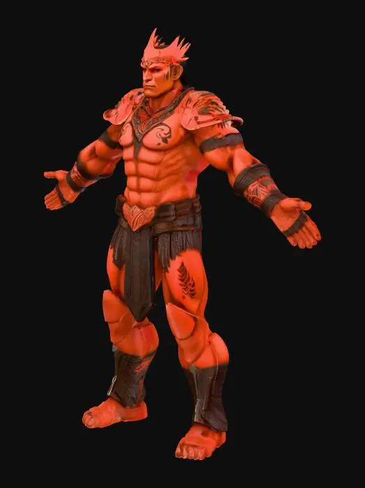 3D model for A powerfully muscular humanoid warrior displays light blue, sleek skin, intricately patterned with darker, aqua tribal tattoos. He wears elaborate, gleaming gold and vibrant turquoise armor, its curved, jagged forms echoing feathers or gills. A regal headdress with vivid blue feather crests and pointed ears crowns his head. Dark, textured fabric and leather loincloths and armbands are accented with maroon and gold. In each hand, he grasps a sharp, formidable sickle-like weapon with a golden handle. The entire figure is rendered with extreme detail and high-resolution textures, emphasizing the magical luminescence, metallic sheen of the armor, and the fine details of his features, all captured in an epic, dynamic stance.