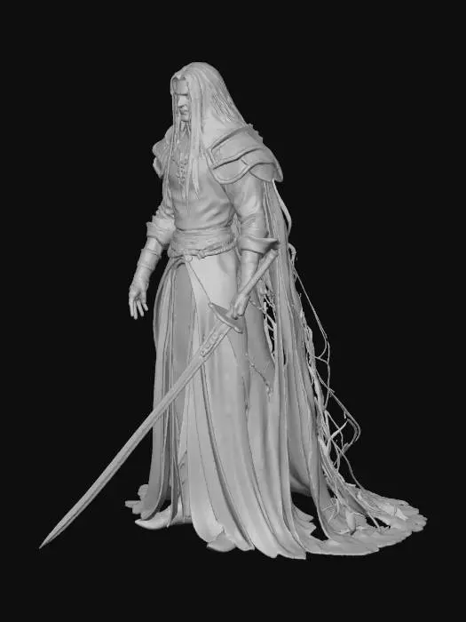 3D model for Sephiroth, the iconic villain, is captured in an epic, foreboding stance, his tall, slender yet powerful physique enveloped in flowing, shadowy black vestments, reminiscent of a long, dark leather trench coat. His distinctive long, silver hair cascades dramatically. He wields his menacing, incredibly long katana, its blade gleaming ominously. The figure exhibits extremely high detail and high-resolution textures across his form, dark, textured fabric, and polished metallic weapon, conveying a palpable sense of sinister power and readiness for conflict.