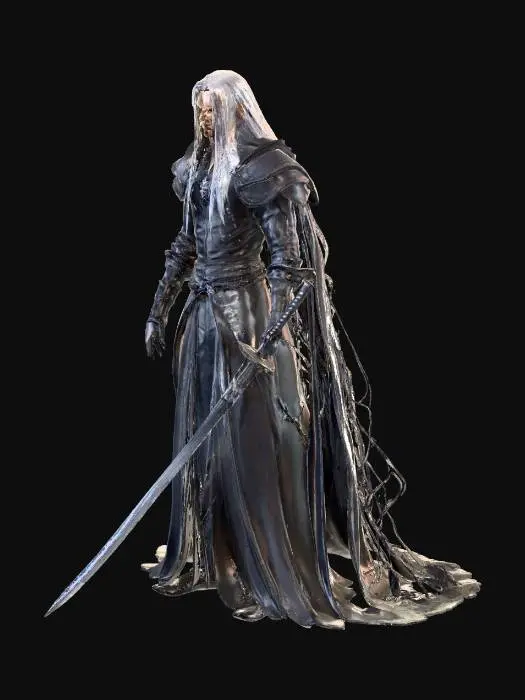 3D model for Sephiroth, the iconic villain, is captured in an epic, foreboding stance, his tall, slender yet powerful physique enveloped in flowing, shadowy black vestments, reminiscent of a long, dark leather trench coat. His distinctive long, silver hair cascades dramatically. He wields his menacing, incredibly long katana, its blade gleaming ominously. The figure exhibits extremely high detail and high-resolution textures across his form, dark, textured fabric, and polished metallic weapon, conveying a palpable sense of sinister power and readiness for conflict.