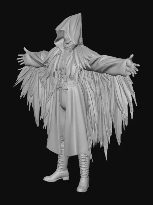 3D model for A dark, gothic bishop Estes exhibits pale, spectral skin. His layered robes are crafted from rich black and deep purple raven feathers, forming a dramatic, tattered winged mantle. He holds an ornate scroll with pulsing purple 'eyes' embedded in dark metal. Beneath, dark obsidian armor is adorned with chains and crow claw motifs. His eyes glow violet, and purple light emanates from his hands, embodying a foreboding, crow-like presence. #villain#