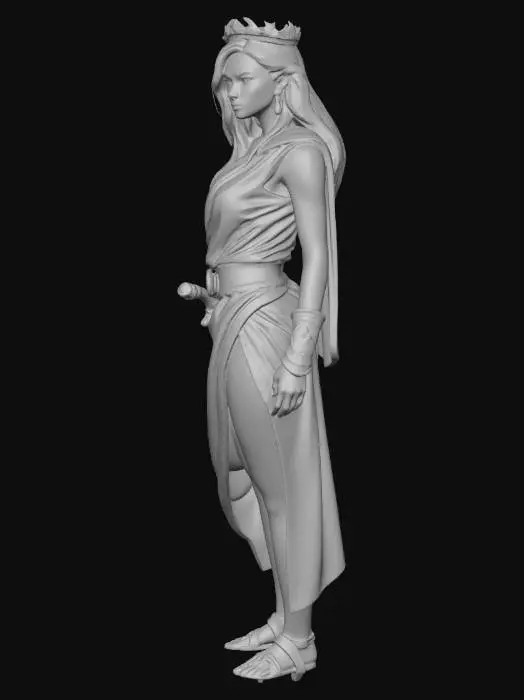3D model for Fantasy female silent assassin with a thick, powerful yet graceful physique, wearing an ancient Greek‑inspired outfit instead of sportswear. She is dressed in a fitted, tactical reinterpretation of a Greek chiton: a short, asymmetrical white tunic with layered fabric, cinched tightly at the waist with a detailed golden belt, and reinforced leather panels that hint at armor while still showing her strong legs and sculpted arms. She wears a gleaming golden laurel crown on her head, symbolizing victory, resting over her layered, tousled hair. Her exquisitely detailed, beautiful face stays calm and unreadable, with a cold, focused gaze that radiates silent, lethal intent. Render her in ultra high detail with realistic cloth folds, metallic shine on the golden laurel and belt.