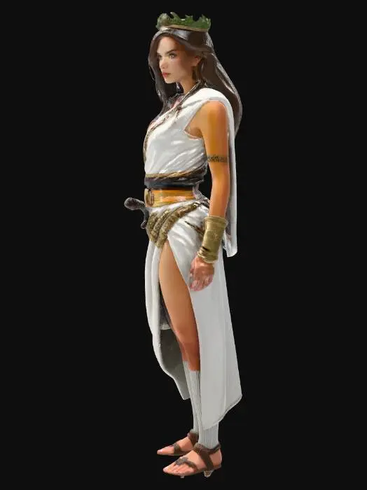 3D model for Fantasy female silent assassin with a thick, powerful yet graceful physique, wearing an ancient Greek‑inspired outfit instead of sportswear. She is dressed in a fitted, tactical reinterpretation of a Greek chiton: a short, asymmetrical white tunic with layered fabric, cinched tightly at the waist with a detailed golden belt, and reinforced leather panels that hint at armor while still showing her strong legs and sculpted arms. She wears a gleaming golden laurel crown on her head, symbolizing victory, resting over her layered, tousled hair. Her exquisitely detailed, beautiful face stays calm and unreadable, with a cold, focused gaze that radiates silent, lethal intent. Render her in ultra high detail with realistic cloth folds, metallic shine on the golden laurel and belt.