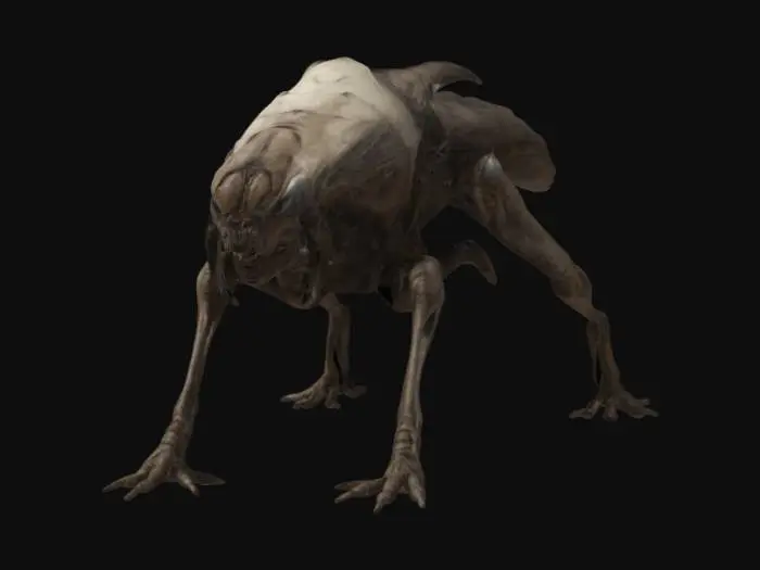 3D model for Alien creature, dog like shape, post-apocalyptic, hostile, large, ultra-high detail, ant-like frame with 4 legs, skinny, scary.