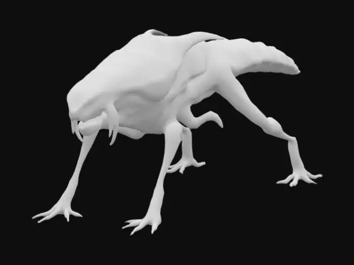 3D model for Alien creature, dog like shape, post-apocalyptic, hostile, large, ultra-high detail, ant-like frame with 4 legs, skinny, scary.