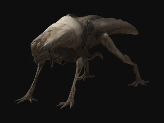 3D model for Alien creature, dog like shape, post-apocalyptic, hostile, large, ultra-high detail, ant-like frame with 4 legs, skinny, scary.