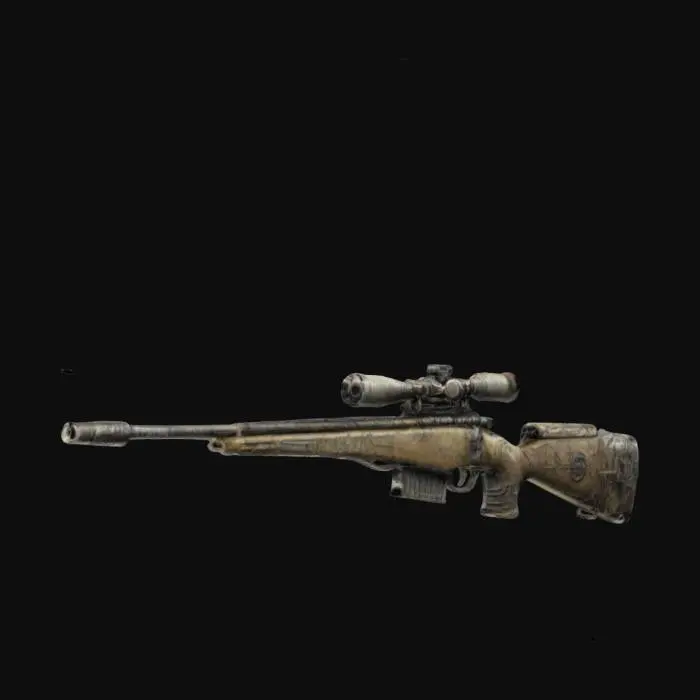 3D model for an ultra-high-quality bolt-action sniper rifle, post-apocalyptic, with dirt details, worn out and makeshift.