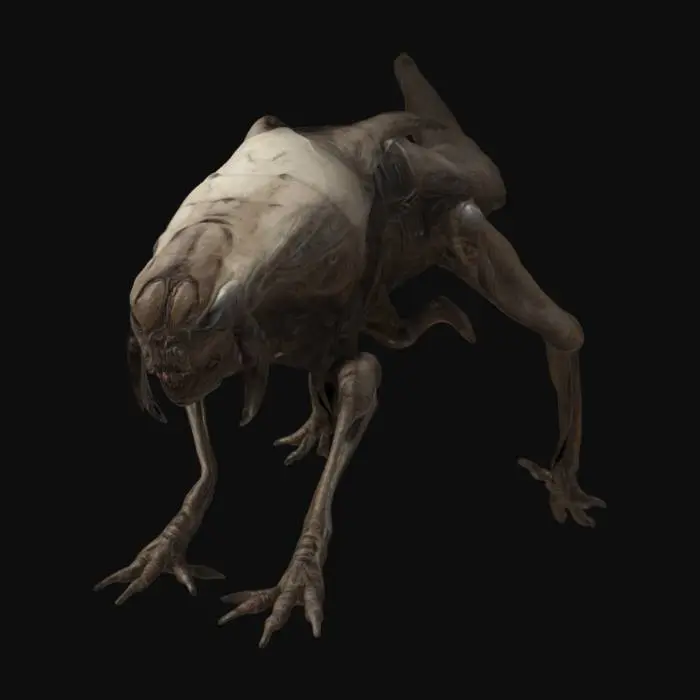 3D model for Alien creature, dog like shape, post-apocalyptic, hostile, large, ultra-high detail, ant-like frame with 4 legs, skinny, scary.