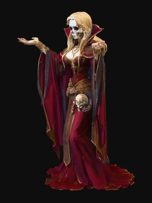 3D model for #villain#,  Sie ist eine Mächtige Magierin, gehört der Hohen Aristokratie  an. inspiriert von dem Frühmittelalterlichen Europa. Sie ist eine Schönheit, ihr volles Blondes Haar welches ihr knapp unter die Schultern reicht und Mandelförmigen Rehbraunen Augen, zur Verführung spielen liess. Noch Heute trägt sie ihren Ehering am Linken Ringfinger  und der Knochige Schädel ihres Ehegatten hängt an einem Faden welcher Rechts von der Hüfte hängt. Ihre Kleidung spiegelt ihren Hohen sozialen Stand und Verführerischem Talent wieder. Die Färbung der Kleidung mit Ärmeln  welche Rot-Azurblau der länge nach gestreift sind und der Rest der Kleidung ist Blutrot gefärbt. sie trägt ein Amulett welches aus Gold besteht filigran ist und in der Mitte am Anhänger einen Smaragd gefasst hat.
im Cartoon Stil!