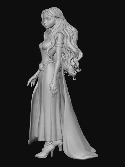 3D model for #villain#,  Sie ist eine Mächtige Magierin, gehört der Hohen Aristokratie  an. inspiriert von dem Frühmittelalterlichen Europa im Cartoon Stil. Sie ist eine Schönheit, ihr volles Blondes Haar welches ihr knapp unter die Schultern reicht und Mandelförmigen Rehbraunen Augen, zur Verführung spielen liess. Noch Heute trägt sie ihren Ehering am Linken Ringfinger  und der Knochige Schädel ihres Ehegatten hängt an einem Faden welcher Rechts von der Hüfte hängt. Ihre Kleidung spiegelt ihren Hohen sozialen Stand und Verführerischem Talent wieder. Die Färbung der Kleidung mit Ärmeln  welche Rot-Azurblau der länge nach gestreift sind und der Rest der Kleidung ist Blutrot gefärbt. sie trägt ein Amulett welches aus Gold besteht filigran ist und in der Mitte am Anhänger einen Smaragd gefasst hat.