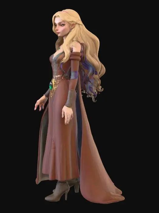 3D model for #villain#,  Sie ist eine Mächtige Magierin, gehört der Hohen Aristokratie  an. inspiriert von dem Frühmittelalterlichen Europa im Cartoon Stil. Sie ist eine Schönheit, ihr volles Blondes Haar welches ihr knapp unter die Schultern reicht und Mandelförmigen Rehbraunen Augen, zur Verführung spielen liess. Noch Heute trägt sie ihren Ehering am Linken Ringfinger  und der Knochige Schädel ihres Ehegatten hängt an einem Faden welcher Rechts von der Hüfte hängt. Ihre Kleidung spiegelt ihren Hohen sozialen Stand und Verführerischem Talent wieder. Die Färbung der Kleidung mit Ärmeln  welche Rot-Azurblau der länge nach gestreift sind und der Rest der Kleidung ist Blutrot gefärbt. sie trägt ein Amulett welches aus Gold besteht filigran ist und in der Mitte am Anhänger einen Smaragd gefasst hat.
