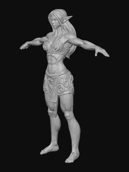 3D model for eine Blutelfe Im comic stil von Conan der Barbar.DIe figur ist für ein Spiel gedacht und daher soll in T-Pose stehn und es dürfen keine Magie- effeckte generiert werden . Sie trägt Schwarzes schulterlanges Haar, Ihre Kleidung ist aus stoff und eng am Körper anliegend. Die kleidung ist unterteil in: Oberteil welches den Bauch fei hällt und ein Rock der nur bis zu den oberbeinen ragd. DIe kleidung ist im traditionellen Rot gefärbt und mit goldenen Ornamenturen Geschmückt welche auf jeder seite Syncron sind. das BIld soll die Ganze figur Zeigen. Sie ist eione Mächtige Magierin