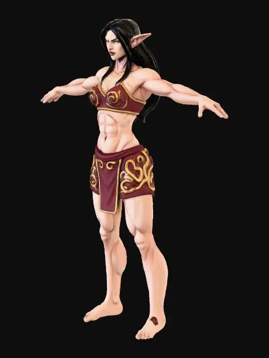 3D model for eine Blutelfe Im comic stil von Conan der Barbar.DIe figur ist für ein Spiel gedacht und daher soll in T-Pose stehn und es dürfen keine Magie- effeckte generiert werden . Sie trägt Schwarzes schulterlanges Haar, Ihre Kleidung ist aus stoff und eng am Körper anliegend. Die kleidung ist unterteil in: Oberteil welches den Bauch fei hällt und ein Rock der nur bis zu den oberbeinen ragd. DIe kleidung ist im traditionellen Rot gefärbt und mit goldenen Ornamenturen Geschmückt welche auf jeder seite Syncron sind. das BIld soll die Ganze figur Zeigen. Sie ist eione Mächtige Magierin
