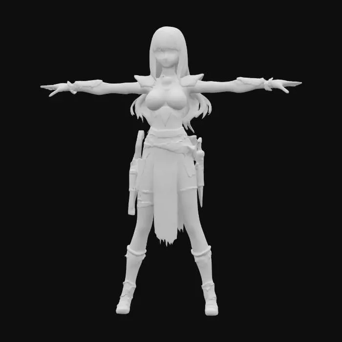 3D model for Es wahr einmal eine Junge Frau im Mittelalter.  Sie wuchs in den Strassen der Stadt auf und trug daher nur enge Lederfetzten als Kleidung. sie ist 1.73 meter gross. Ihre schulterlanges haar war ungepflegt doch konnte man die rote Färbung noch erkennen. Ihre Augen Sind das grün wie Smaragd Als erwachsene ist sie trotzdem Attraktiv. Sie steht mit gespreizten beinen da und in T-Pose. die Welt in der sie Lebt ist Anime stilisiert.