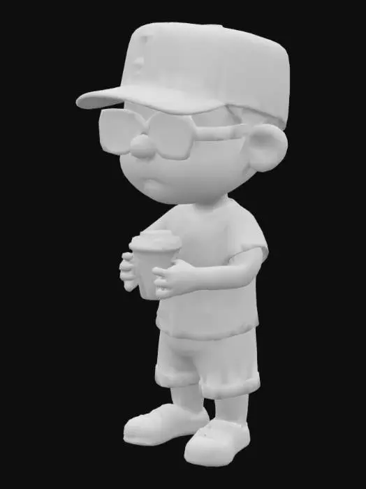 3D model for simple cartoon-style character inspired by "Peanuts" (like Charlie Brown), but with a modern twist,Fully round head with minimal facial features (no nose,small mouth), wearing large black sunglasses that cover most of the face,A dark blue baseball cap with the LA Dodgers logo in white,slightly tilted,A short-sleeve open shirt in white, featuring the“Dodgers”logo in blue and the number 25 in red.Underneath,a black t-shirt with a zigzag pattern at the bottom.Loose black shorts,Classic white sneakers with visible laces,simple design,Holding a paper coffee cup with a black lid in the right hand, with steam rising from it,Standing firmly and calmly,with a relaxed and indifferent facial expression,looking straight ahead,A mix of minimal cartoon design and modern streetwear vibe.