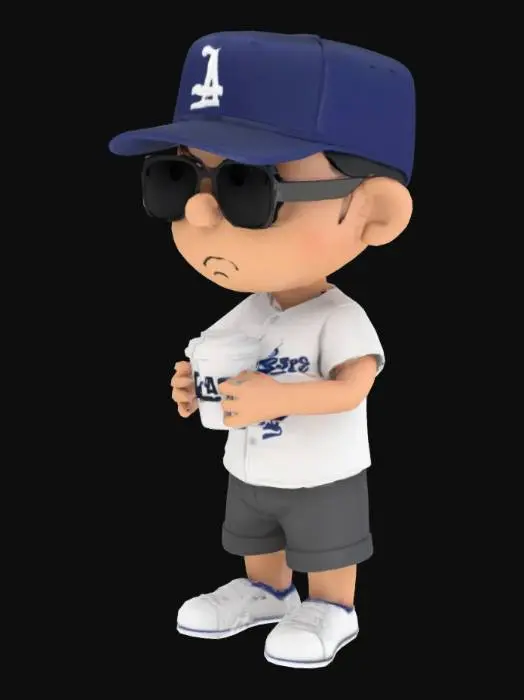 3D model for simple cartoon-style character inspired by "Peanuts" (like Charlie Brown), but with a modern twist,Fully round head with minimal facial features (no nose,small mouth), wearing large black sunglasses that cover most of the face,A dark blue baseball cap with the LA Dodgers logo in white,slightly tilted,A short-sleeve open shirt in white, featuring the“Dodgers”logo in blue and the number 25 in red.Underneath,a black t-shirt with a zigzag pattern at the bottom.Loose black shorts,Classic white sneakers with visible laces,simple design,Holding a paper coffee cup with a black lid in the right hand, with steam rising from it,Standing firmly and calmly,with a relaxed and indifferent facial expression,looking straight ahead,A mix of minimal cartoon design and modern streetwear vibe.